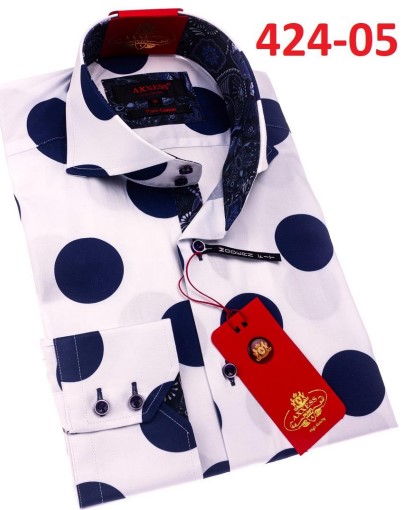 Axxess White / Blue Polka Dot Cotton Modern Fit Dress Shirt With Button Cuff 424-05